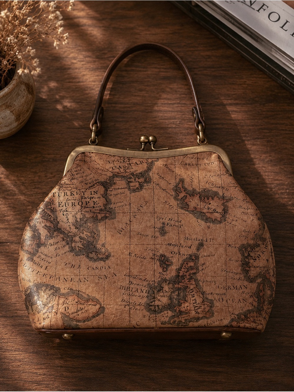 Patricia Nash Vintage Map Print Leather Frame Kiss Lock Top Handle Satchel Purse